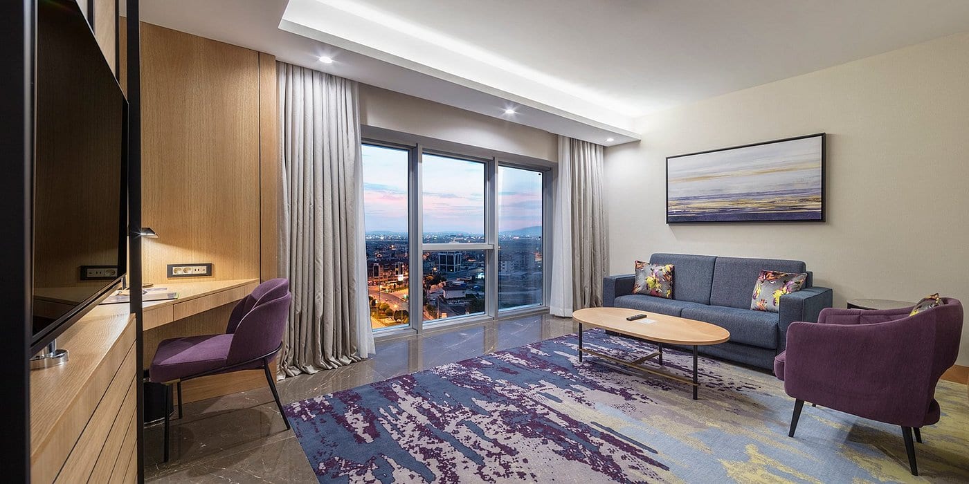Afyon DTBH lobby living area, sofa group and rug pattern
