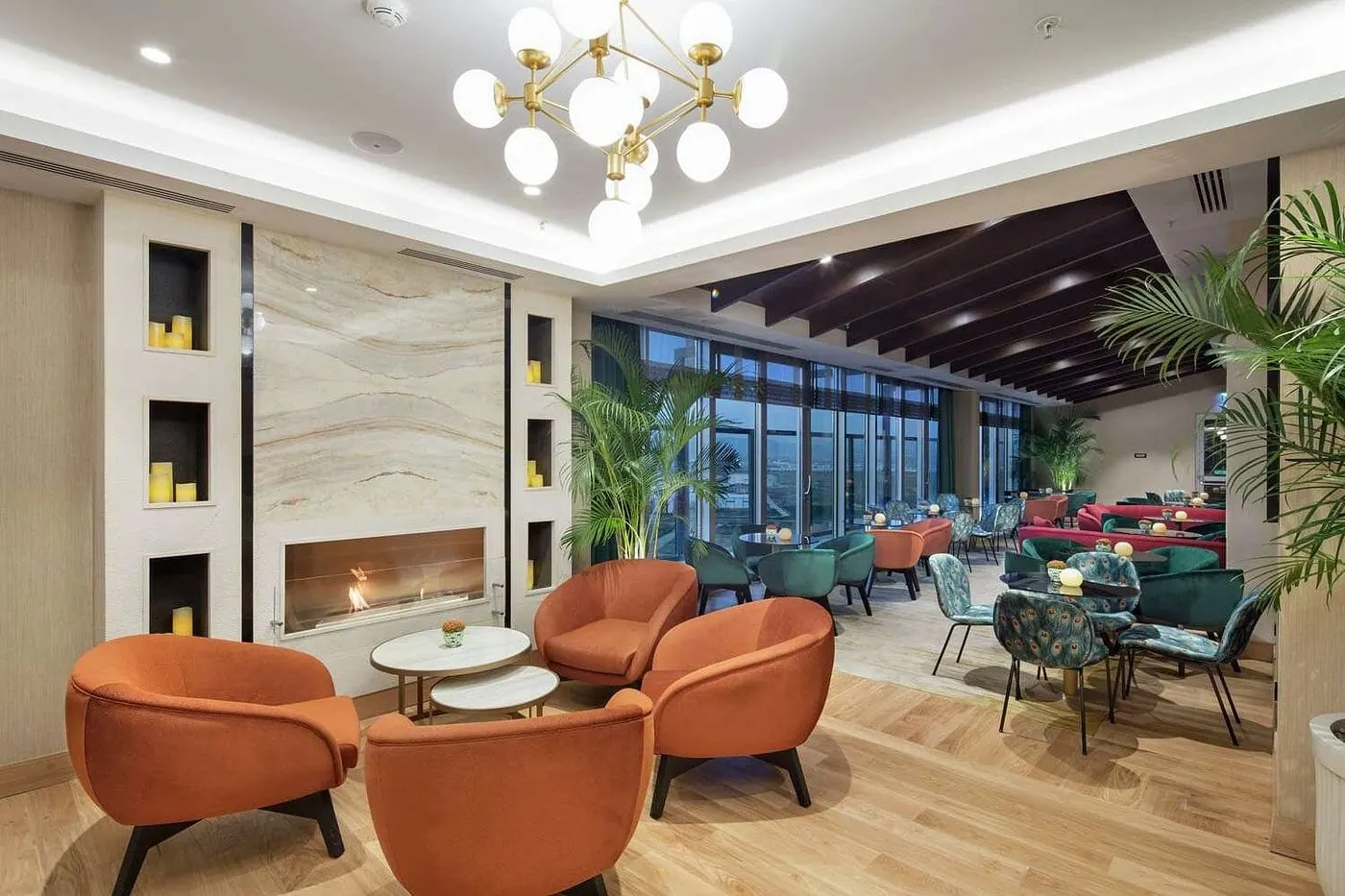 Afyon DTBH roof bar counter and backlit shelving detail