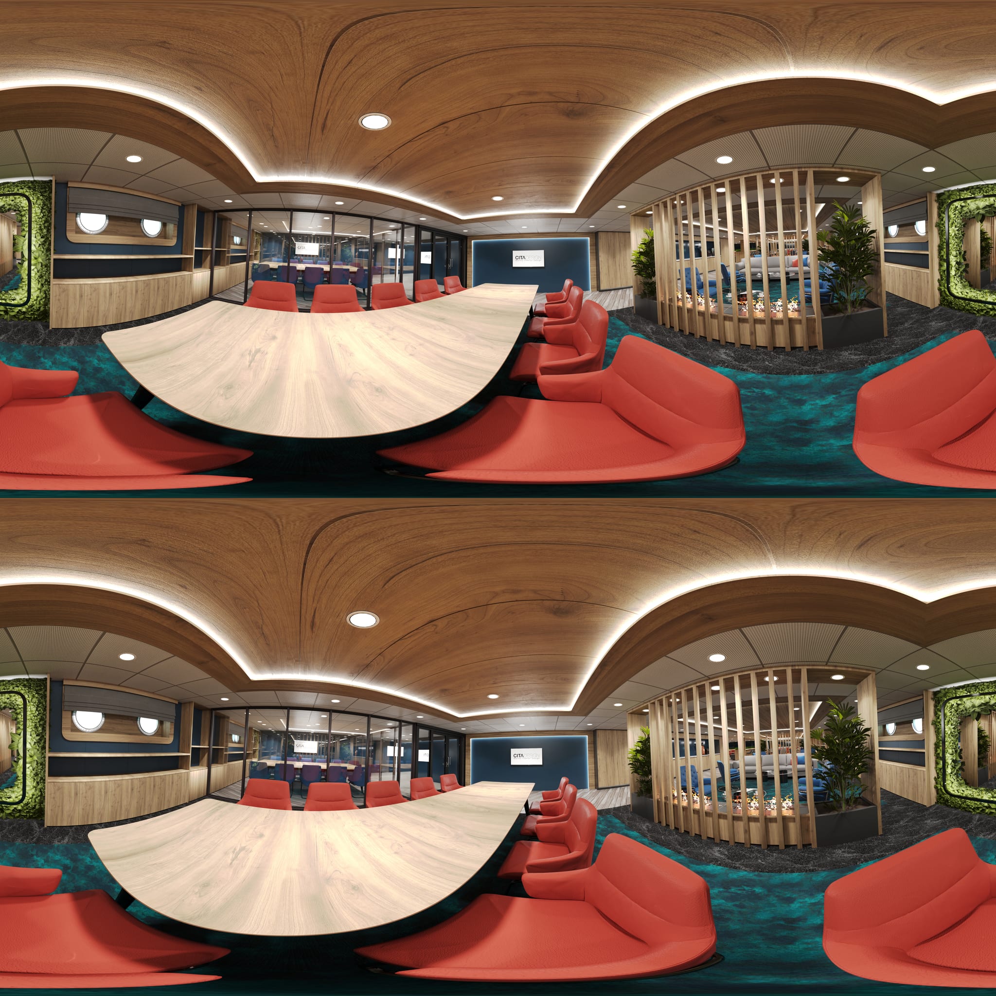 360-degree visualisation of the meeting room, with a long table, glass-partitioned conference area and moss wall