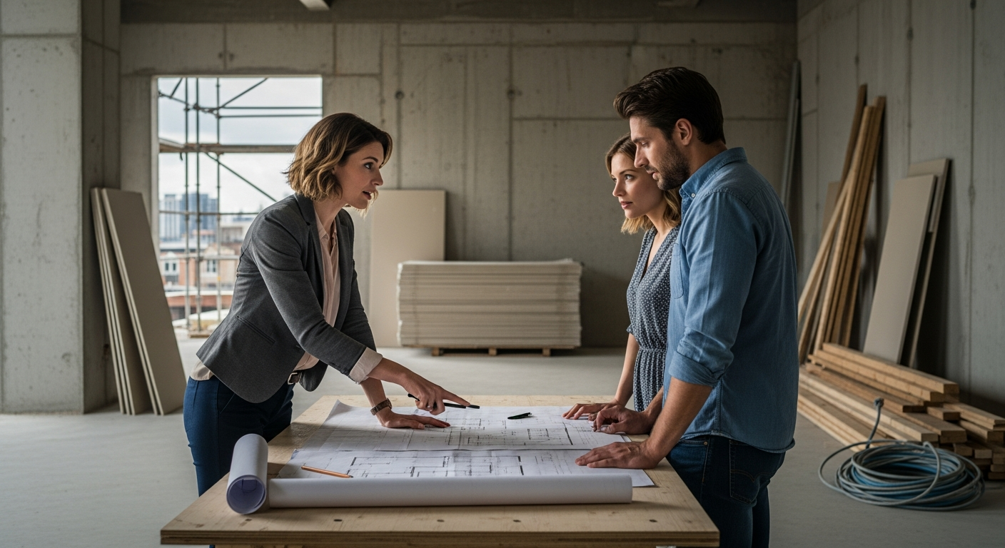 An interior designer pointing at architectural blueprints spread on a table, discussing with a couple inside an empty room with concrete walls. The designer is wearing casual professional attire. Background shows construction materials. Focus on the consultation and planning aspect.