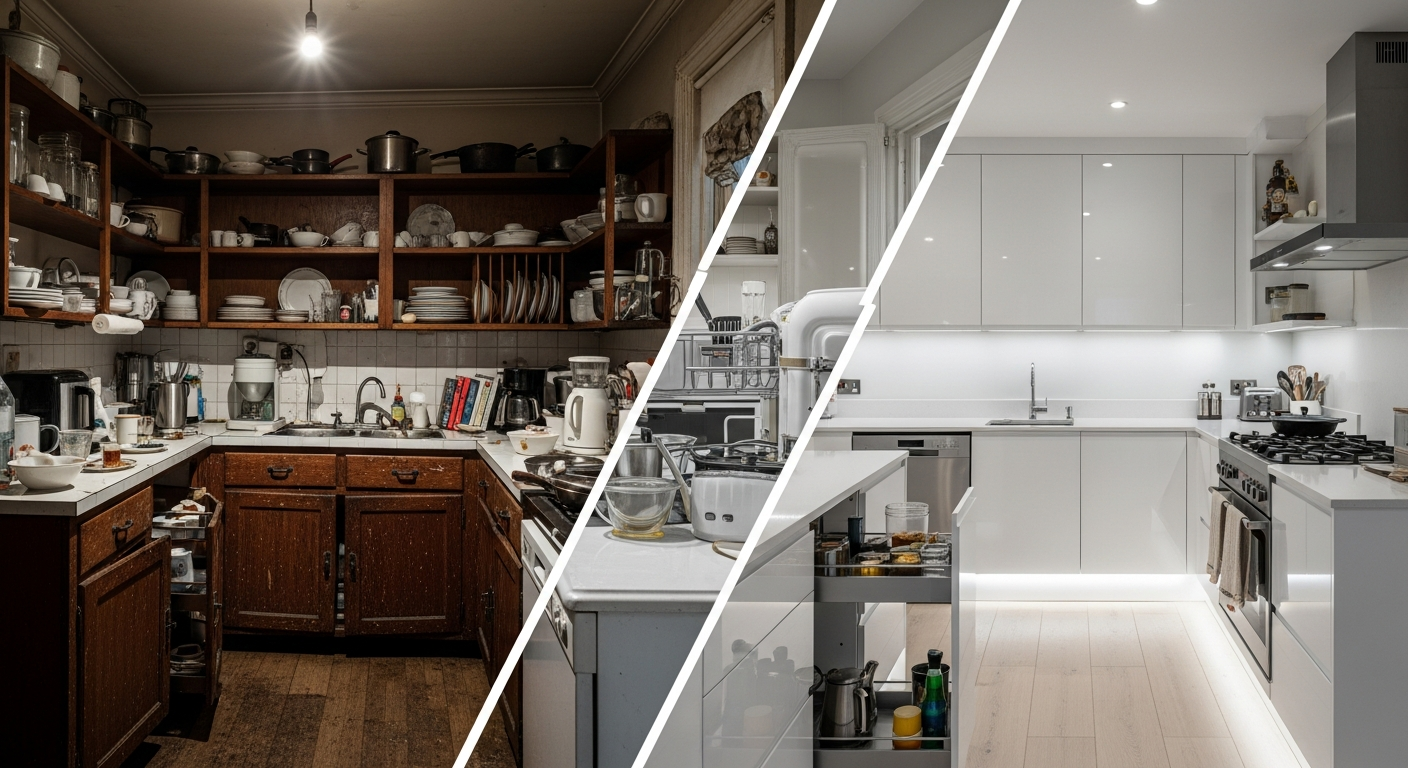A split-screen comparison image. On the left side, a cluttered, dark, and old-fashioned kitchen. On the right side, the same kitchen renovated with modern white cabinets, smart storage solutions, LED lighting, and a bright atmosphere. High quality, photorealistic interior design.