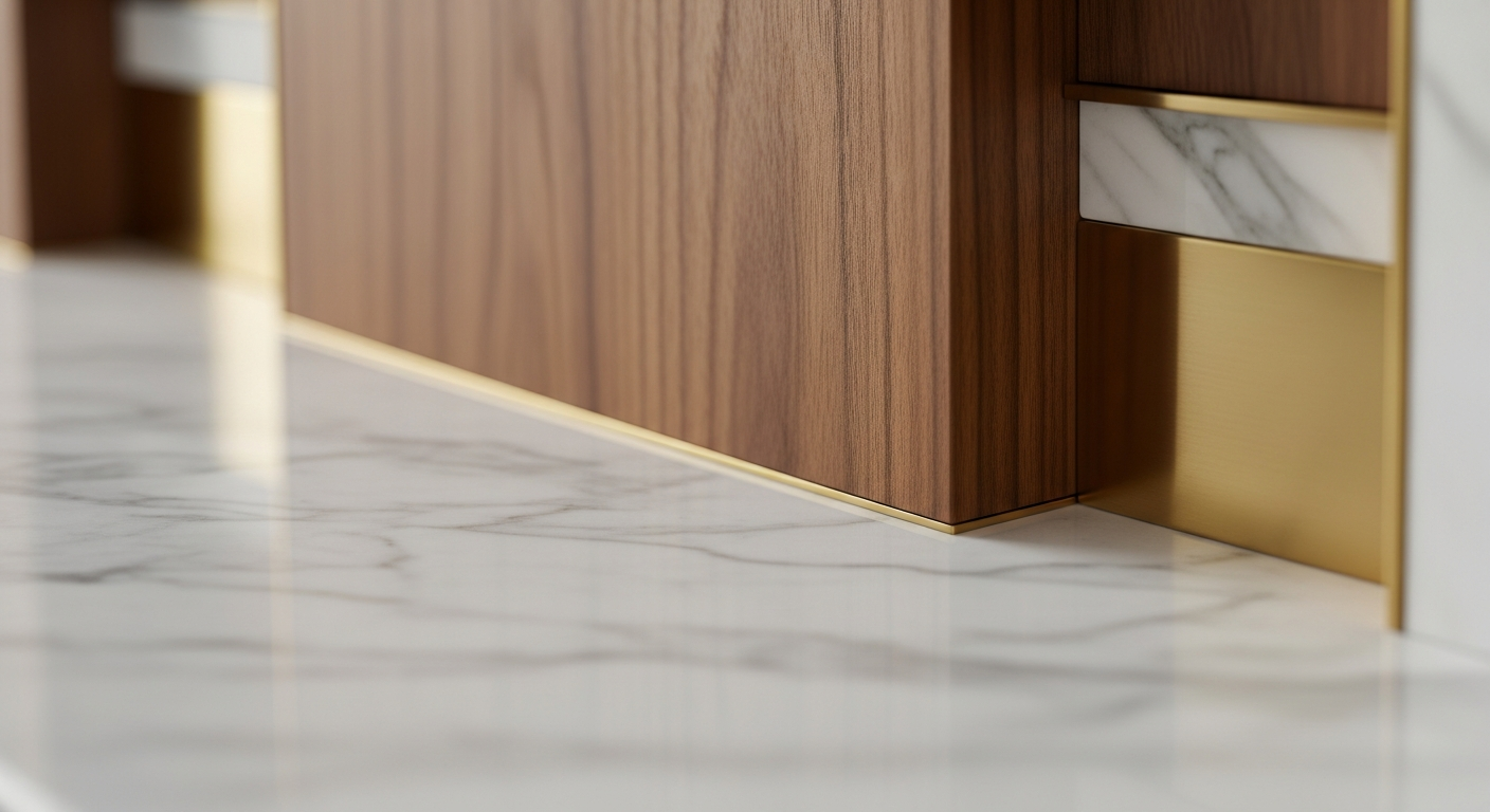 Close-up macro shot of interior design textures. Polished white Calacatta marble surface next to rich walnut wood paneling and brushed brass metal accents. Soft lighting highlighting the textures and material quality, high resolution.