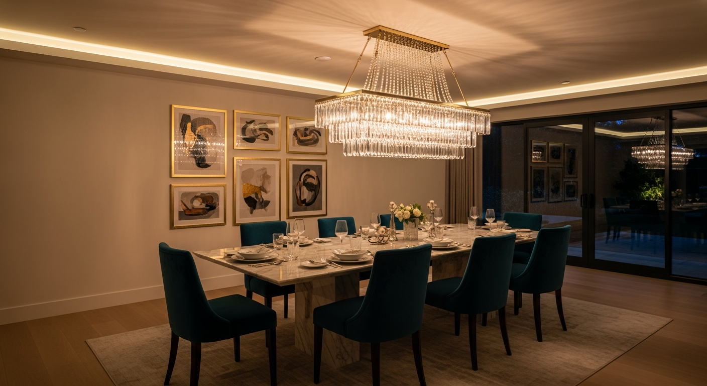 An elegant dining area in a luxury home featuring a statement crystal chandelier hanging over a large marble table. Ambient warm LED strip lighting hidden in the suspended ceiling, illuminating velvet chairs and artwork on the wall. Evening atmosphere, cozy and sophisticated.