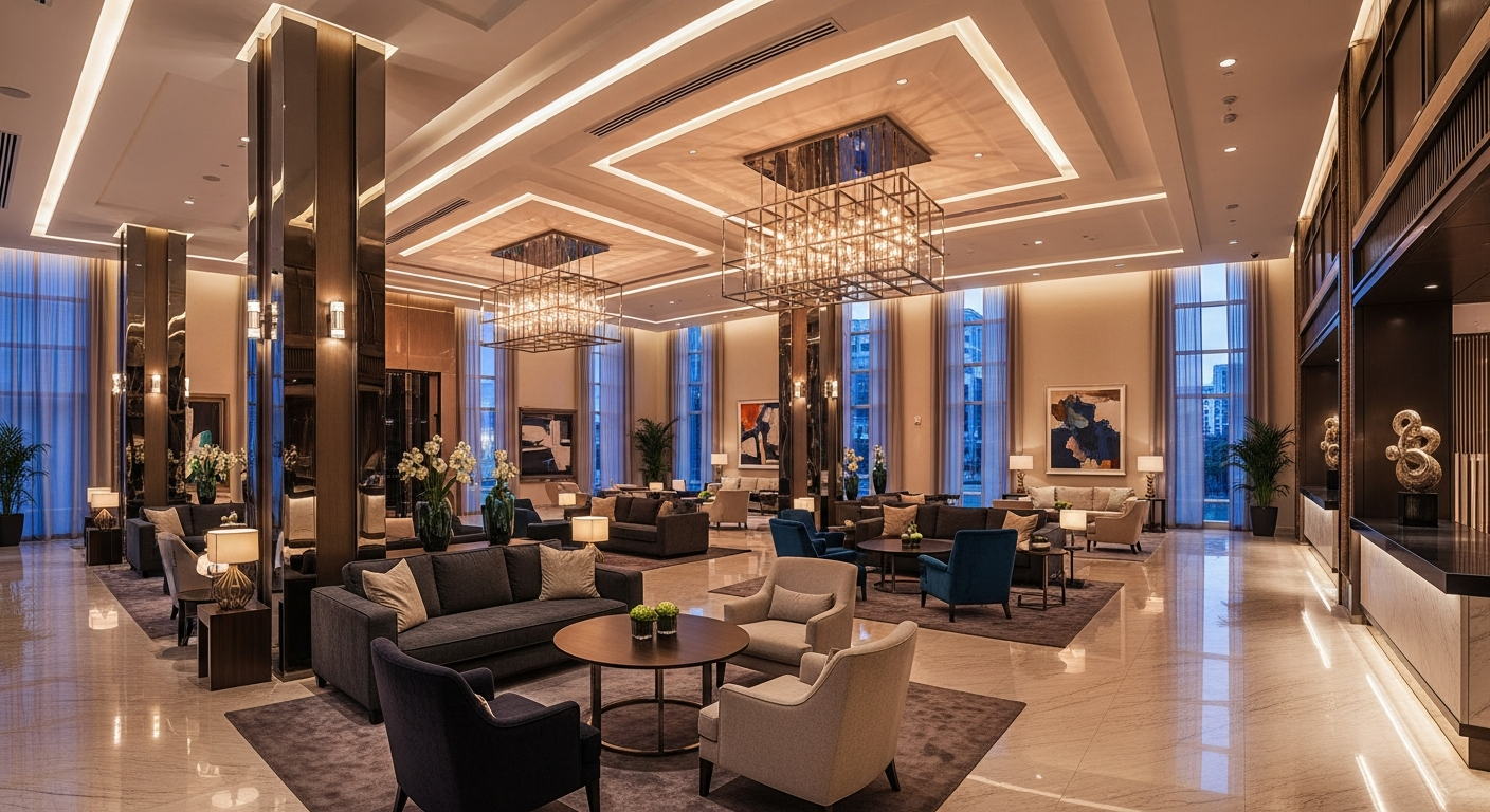 Modern business hotel lobby interior, high ceilings, marble floors, comfortable seating areas for meetings, metallic details representing industry, warm ambient lighting.