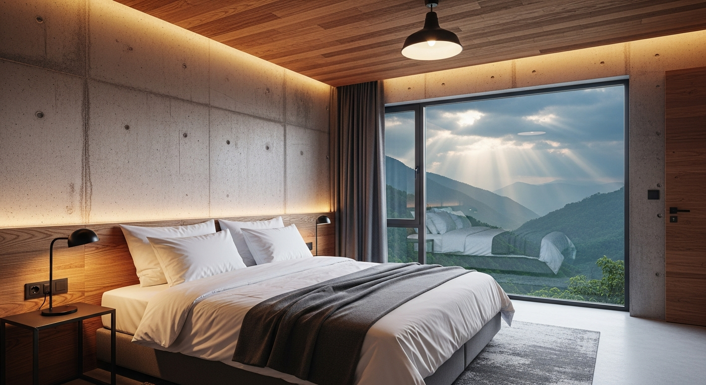 Luxury hotel bedroom interior design, industrial chic style, exposed concrete wall mixed with warm wood panels, king size bed with high quality linens, view of green mountains through large window.