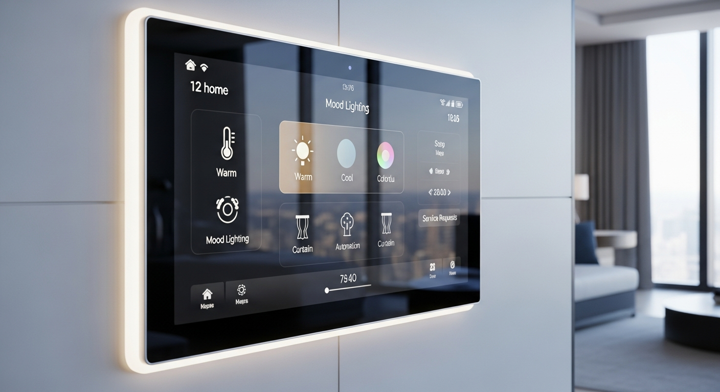 Futuristic hotel room control panel, smart home technology interface, energy efficient lighting system, modern and minimalist design detail.