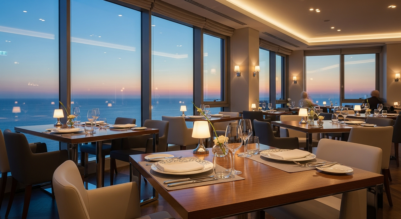 Elegant hotel restaurant interior with floor-to-ceiling windows overlooking the sea, modern dining furniture, sophisticated table settings, evening atmosphere with soft lighting.