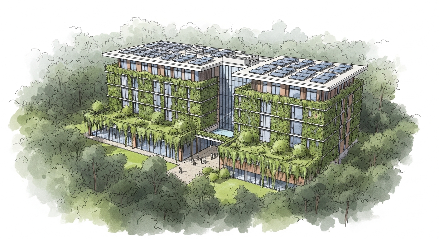 Eco-friendly hotel architecture sketch, vertical gardens on the facade, solar panels on the roof, blending into a forest landscape, architectural drawing style.